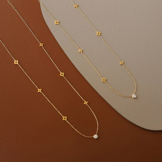 316l Stainless Steel Simple Light Luxury Zircon Flowers Necklace for Women Waterproof Metal Collar Jewelry Bijoux Gift